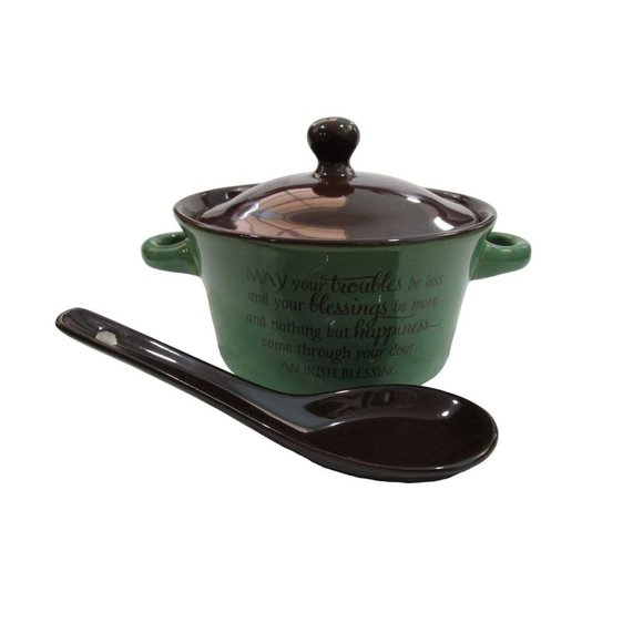 Irish Blessing Covered Soup Stew Bowl Handles Ceramic Spoon New No Box Jozie B - Picture 10 of 15